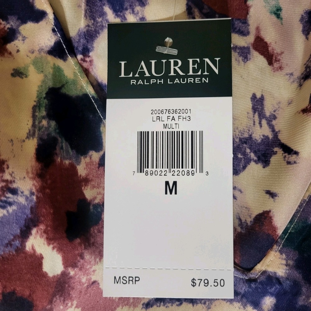 Lauren Ralph Lauren M NWT Asymetrical Ruffle Top Multi Floral Deep-V Silky Poly - Picture 2 of 8